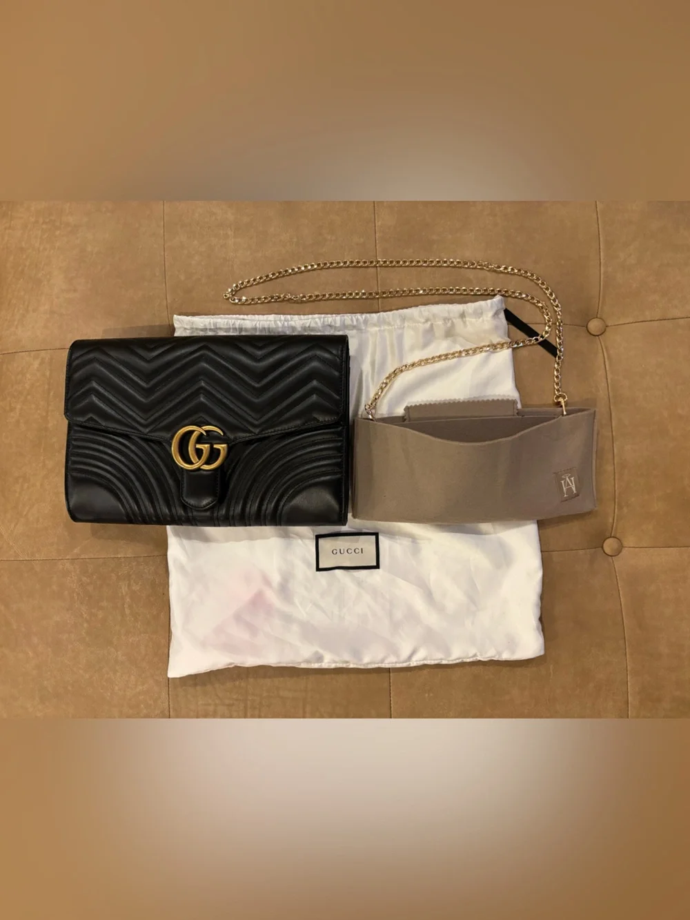 Gucci Black Quilted Leather Large Clutch with Gold GG Chain Strap Attachment